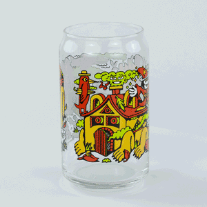 16oz Libbey can glass with colorful fall-themed woodland creatures and a house design.