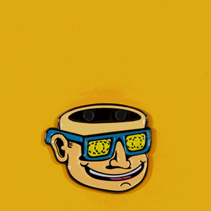 Killer Acid Head Popper enamel pin, black nickel, with blue sunglasses and yellow magnetic brain.