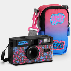 Killer Acid Ilford Sprite 35-II camera with bizarre hieroglyphics design and gradient pink-blue bag.