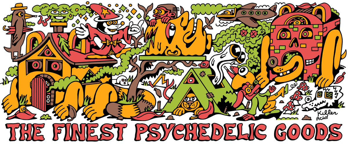 A colorful psychedelic illustrated banner or sign featuring cartoon monsters, a house, a tent, and the text 'THE FINEST PSYCHEDELIC GOODS' in large red letters at the bottom.