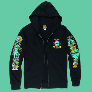 Black cotton-poly zip-up hoodie with colorful "Killer Acid" alien graphic on chest and psychedelic sleeve designs.
