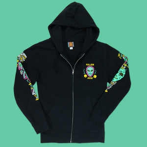 Black cotton-poly zip-up hoodie with colorful Killer Acid alien graphic on chest and psychedelic sleeve designs.