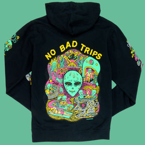 Black zip-up hoodie with "No Bad Trips" text and a colorful, psychedelic alien graphic on the back.