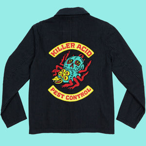 Black pinstripe cotton work jacket with a colorful "Killer Acid Pest Control" embroidered patch on the back.