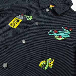 Black pinstripe cotton work jacket with embroidered Killer Acid spray can, green dragon, and yellow dog.