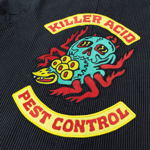 Killer Acid Pest Control Work Jacket: Black pinstripe cotton with colorful embroidered monster and text patches.