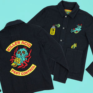 Black pinstripe cotton work jacket with colorful Killer Acid pest control embroidery on front and back.