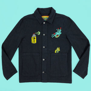 Black pinstripe cotton work jacket with colorful embroidered Killer Acid pest control graphics.
