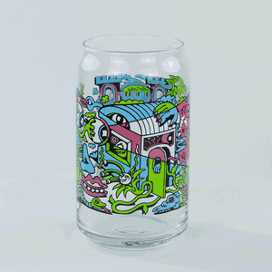 16oz Libbey can glass with vibrant "Spring" design: pastel flowers, frogs, and whimsical creatures.