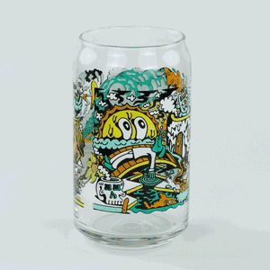 16oz Libbey can glass with vibrant, surreal summer beach scene featuring a melting sun and skull.