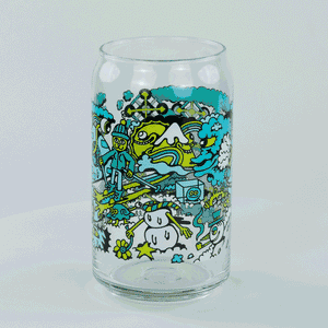 16oz Libbey can glass with a vibrant, chaotic winter design featuring snowflakes, icicles, and cold creatures.