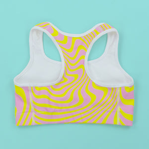 Killer Acid Acid Test sports bra - pink & yellow swirl psychedelic print, racerback