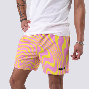 Killer Acid Acid Test swim trunks in a psychedelic pink and yellow liquid swirl print