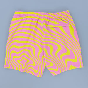 Killer Acid Acid Test swim trunks in a psychedelic pink and yellow liquid swirl print
