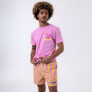 Killer Acid Acid Test swim trunks in a psychedelic pink and yellow liquid swirl print