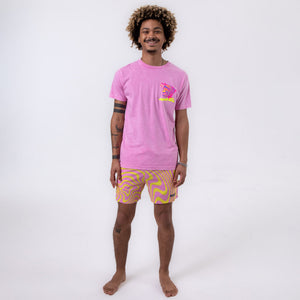 Killer Acid Acid Test swim trunks in a psychedelic pink and yellow liquid swirl print