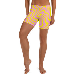 Killer Acid Acid Test yoga shorts - pink & yellow swirl psychedelic print, four-way stretch