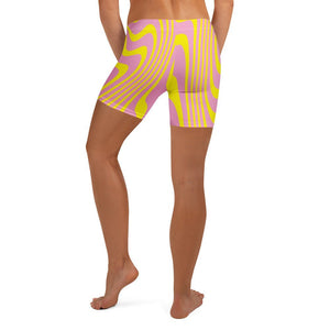 Killer Acid Acid Test yoga shorts - pink & yellow swirl psychedelic print, four-way stretch