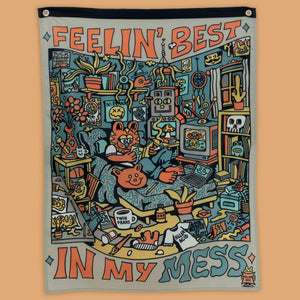 Killer Acid Best Mess wall banner, cozy cluttered stoner bedroom scene, reads Feelin' Best In My Mess