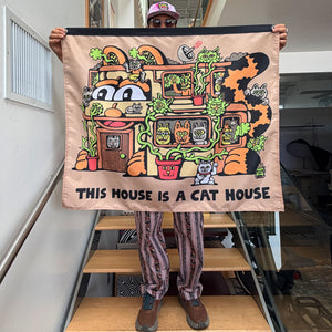 Killer Acid Cat House Banner - psychedelic cartoon cat house scene, This House Is A Cat House wall flag