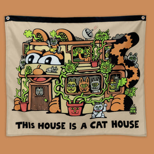 Killer Acid Cat House wall banner, tan cartoon house packed with grinning cats and vines, reads This House Is A Cat House