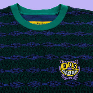 Killer Acid Third Eye Cat Jacquard T-Shirt - green wavy-jacquard tee with cat-face chest patch