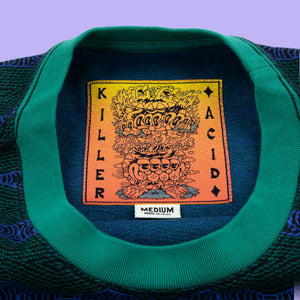 Killer Acid Third Eye Cat Jacquard T-Shirt - green wavy-jacquard tee with cat-face chest patch