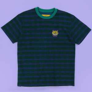 Killer Acid Third Eye Cat Jacquard T-Shirt - green wavy-jacquard tee with cat-face chest patch
