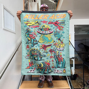 Killer Acid Cretaceous Cosmonauts Banner - teal dinosaurs and aliens UFO scene wall flag
