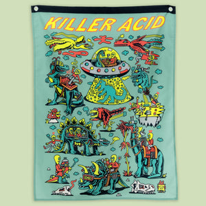 Killer Acid Cretaceous Cosmonauts wall banner in teal, cartoon dinosaurs, aliens and a UFO abducting a dino
