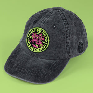 Front view of black hat with Dog Daze patch