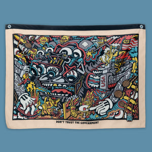 Killer Acid Don't Trust The Government wall banner, cream border with a dense psychedelic monster-face scene and USA motifs