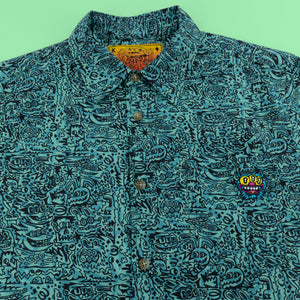 Killer Acid Jungle Vibes Button Up - teal dense doodle monster-face print camp shirt