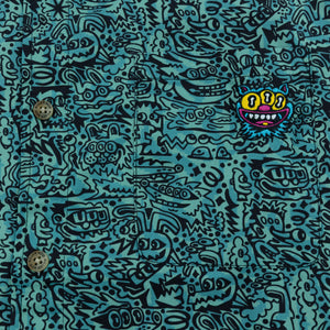 Killer Acid Jungle Vibes Button Up - teal dense doodle monster-face print camp shirt