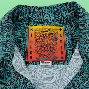 Killer Acid Jungle Vibes Button Up - teal dense doodle monster-face print camp shirt