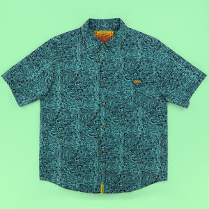 Killer Acid Jungle Vibes Button Up - teal dense doodle monster-face print camp shirt