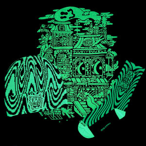 Killer Acid Haunted Glow beanie, black psychedelic swirl knit with glow-in-the-dark three-eyed cat patch