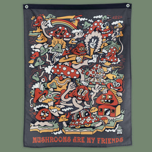 Killer Acid Mushroom Friends charcoal wall banner, grinning red and green cartoon mushrooms, reads Mushrooms Are My Friends