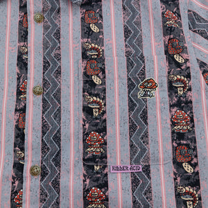 Killer Acid Mushroom Stripes button up - blue & pink stripe shirt with mushroom print, chest pocket
