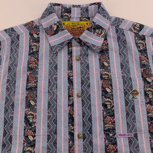 Killer Acid Mushroom Stripes Button Up - blue and pink striped camp shirt with mushroom character print