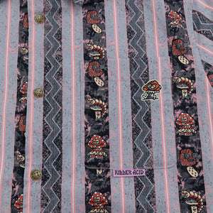 Killer Acid Mushroom Stripes Button Up - blue and pink striped camp shirt with mushroom character print