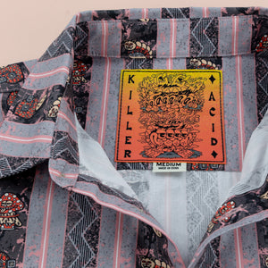 Killer Acid Mushroom Stripes Button Up - blue and pink striped camp shirt with mushroom character print