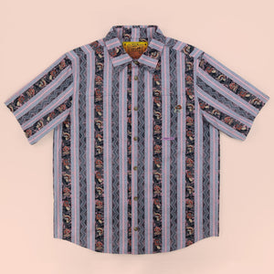Killer Acid Mushroom Stripes Button Up - blue and pink striped camp shirt with mushroom character print