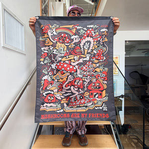 Killer Acid Mushrooms Are My Friends Banner - psychedelic mushroom scene on black wall flag