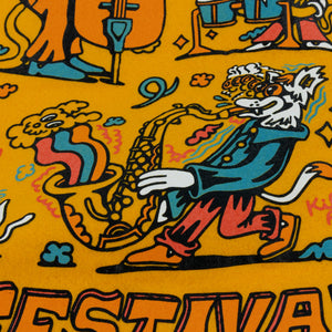 Killer Acid Newport Jazz Cats banner - orange cartoon cat jazz band, blue border, metal grommets