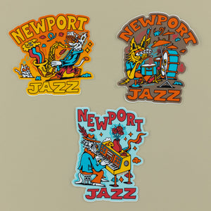 Killer Acid Newport Jazz vinyl sticker - cartoon cat playing drums, orange & teal 'Newport Jazz'