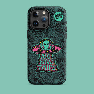 Black iPhone case with a neon green alien in a pink UFO, "NO BAD TRIPS" text, and psychedelic doodles.