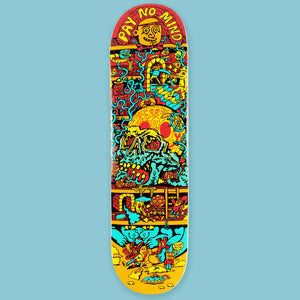 Killer Acid "Pay No Mind" 8.25" maple skateboard deck with vibrant red, yellow, and blue graphic art.