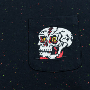 Killer Acid Black Skull Pocket T-Shirt - speckled black tee with embroidered skull pocket patch