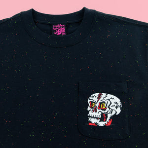 Killer Acid Black Skull Pocket T-Shirt - speckled black tee with embroidered skull pocket patch